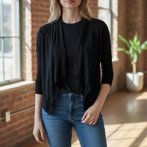 Clara Sun Woo Black Drape Tunic Cardigan XS Open Front Ruched Sleeves